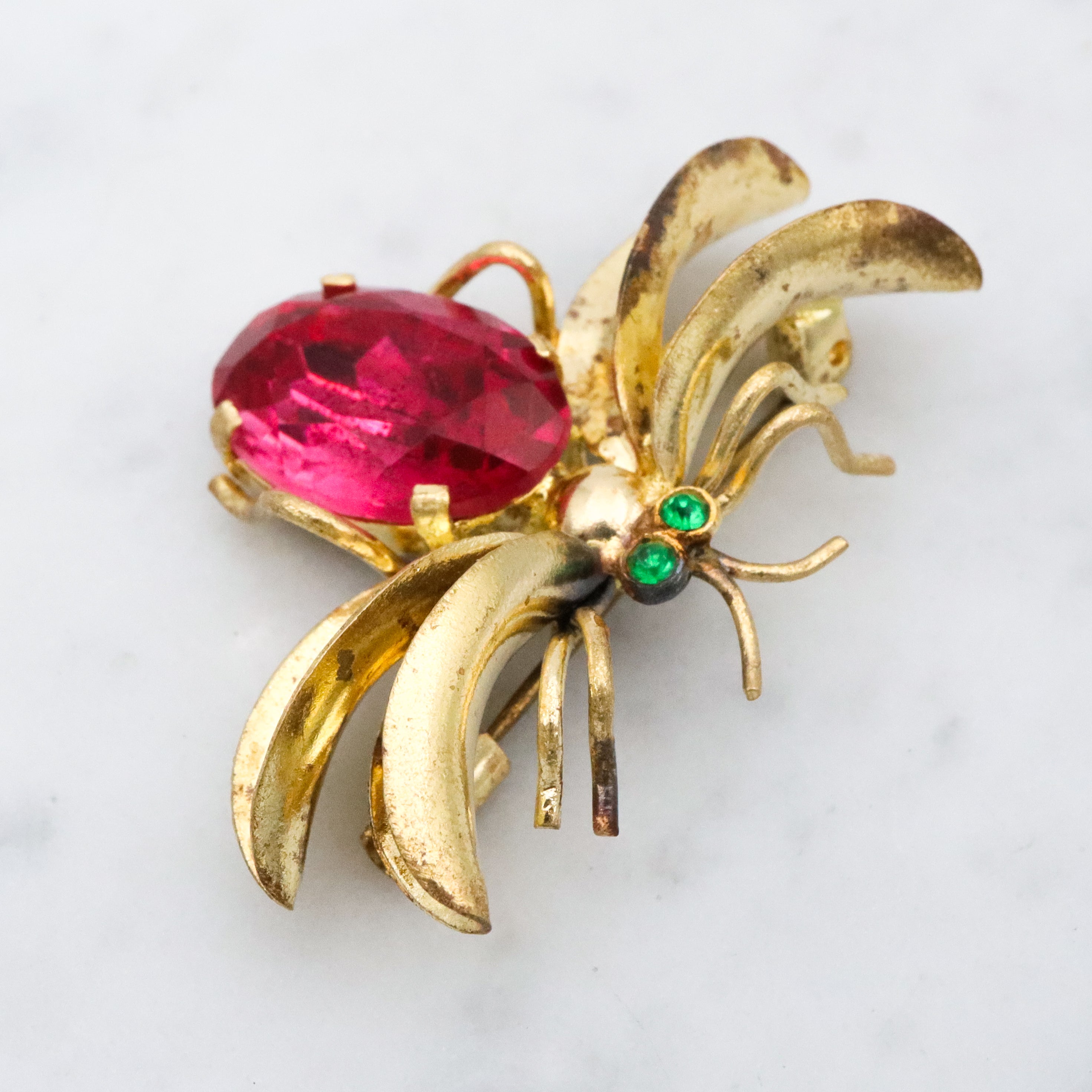 Antique Czech crystal gold plated winged insect brooch